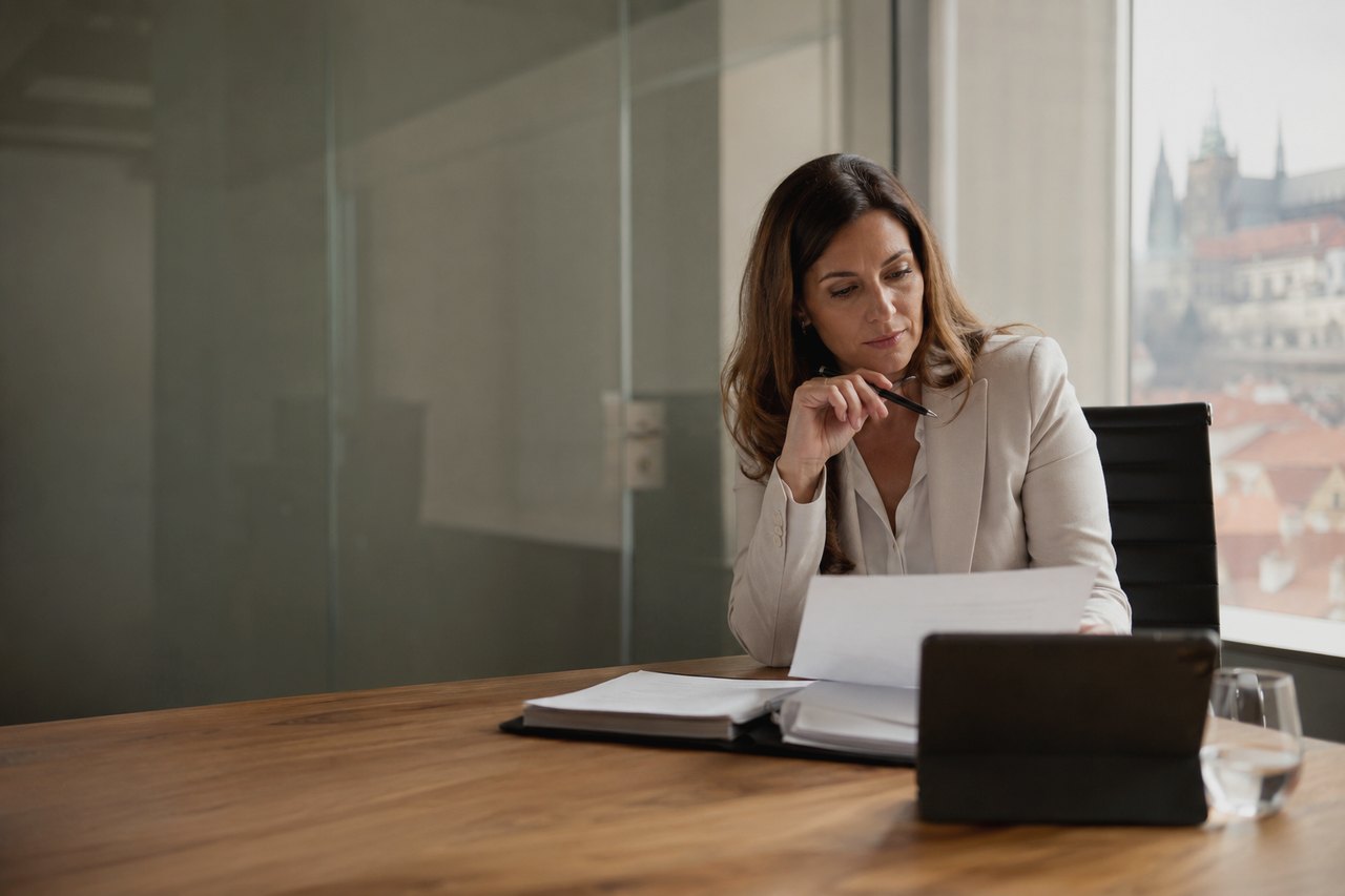 Žena so svetlohnedými vlasmi v krémovom saku sedí pri drevenom stole v presvetlenej pražskej kancelárii, v ruke drží pero a sústredene číta vytlačené dokumenty; za oknom výhľad na Pražský hrad a strechy Prahy.