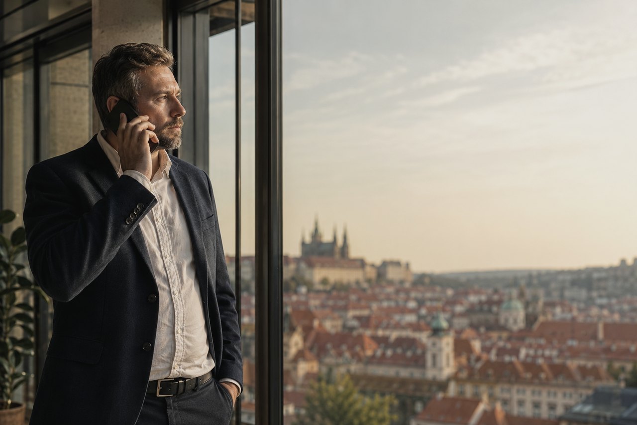Muž v tmavom saku a bielej košeli stojí pri veľkých presklených oknách pražskej kancelárie, telefonuje z mobilu a zamyslene hľadí von; za sklom sa v podvečernom svetle rozprestierajú strechy Prahy a v diaľke Pražský hrad s katedrálou svätého Víta.