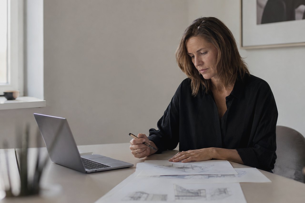 Žena v čiernej košeli sedí pri svetlom stole, v ruke drží pero, pred sebou má otvorený notebook a rozložené tlačené dokumenty s nákresmi; presvetlená miestnosť s oknom a obrazom na stene.